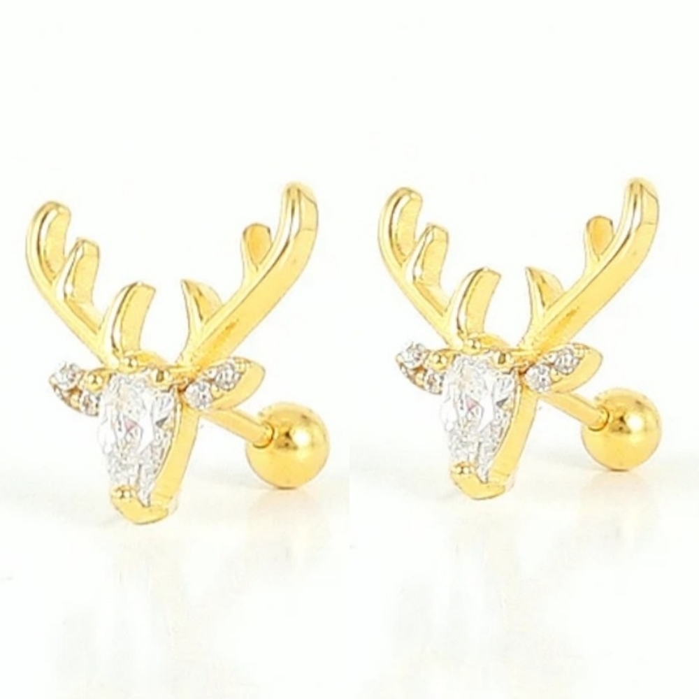 925 Sterling Silver Yellow Gold Reindeer Deer Zircon Pair